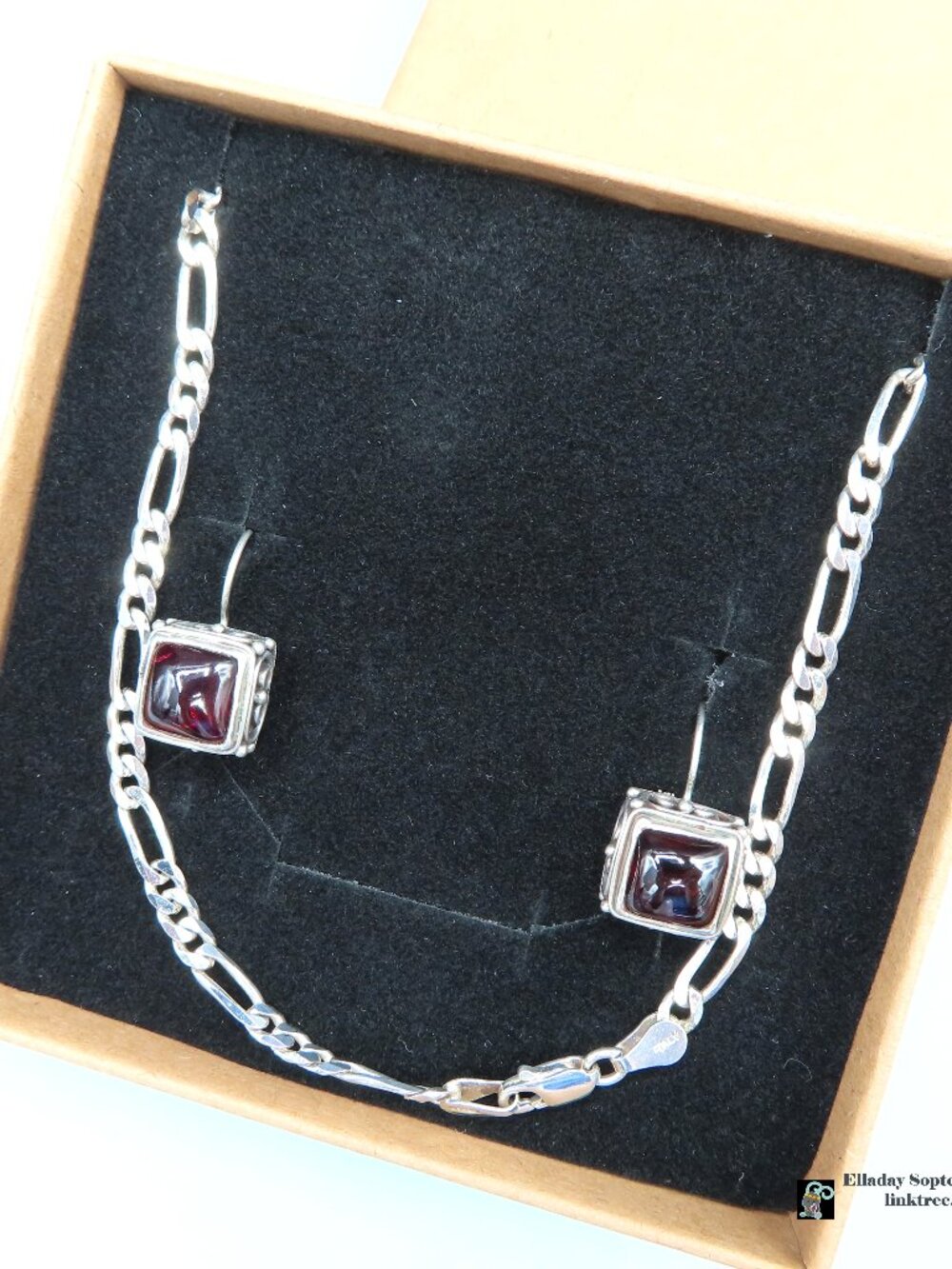 Set Garnet 925 Dangle Earrings & Figaro Chain Sterling Silver Necklace